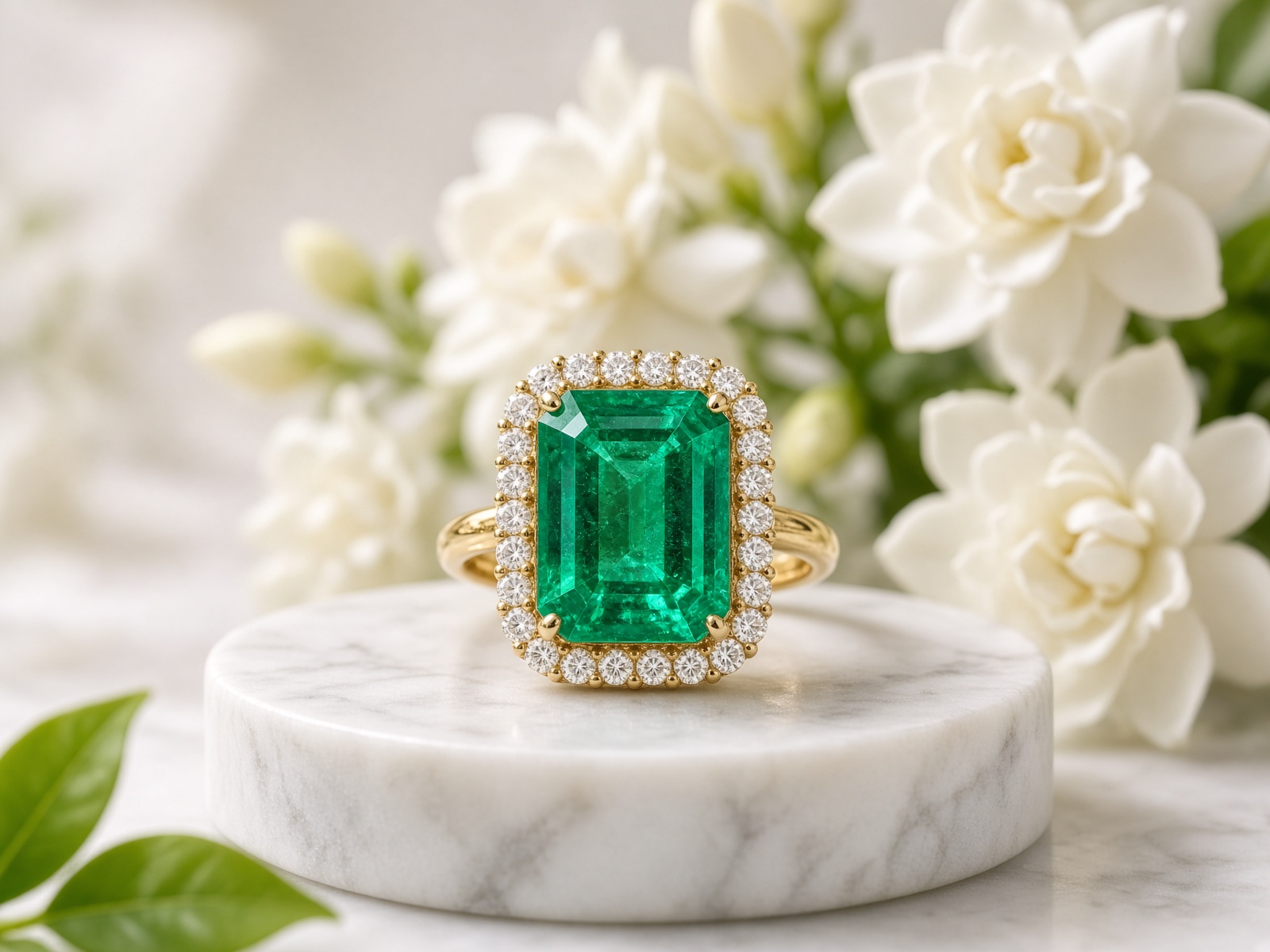 Emerald halo ring in gold